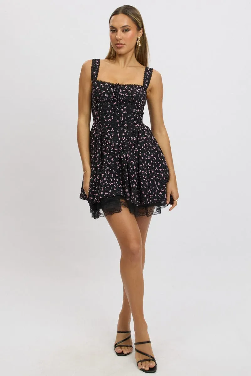 Black Ditsy Fit And Flare Dress Corset Detail Mini sold by Ally Fashion product image thumbnail 2