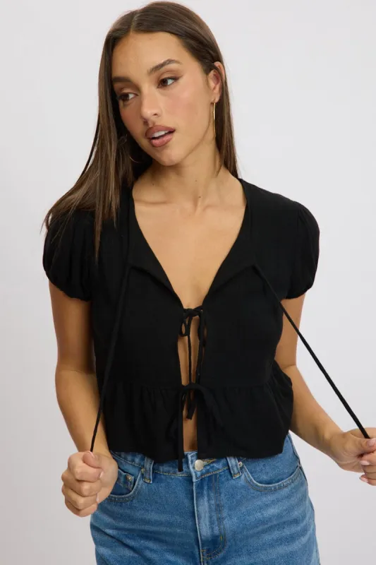 Black Tie Front Top Puff Sleeve sold by Ally Fashion