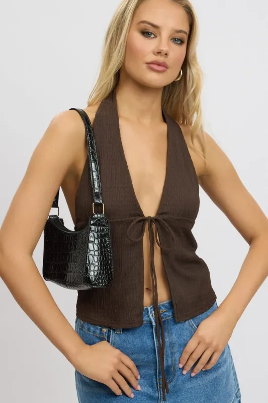 Brown Textured Top Halter Neck Tie Up Front sold by Ally Fashion