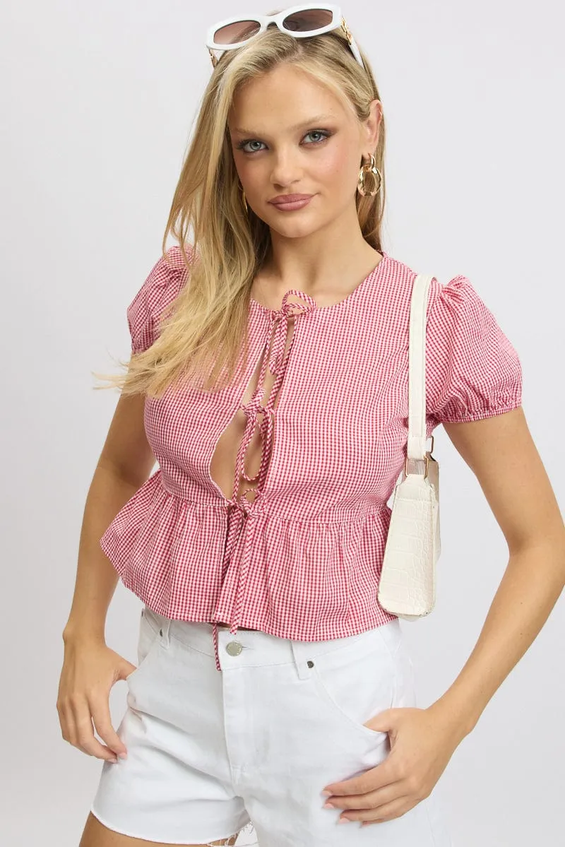 Red Check Tie Front Top Puff Sleeve sold by Ally Fashion product image thumbnail 3