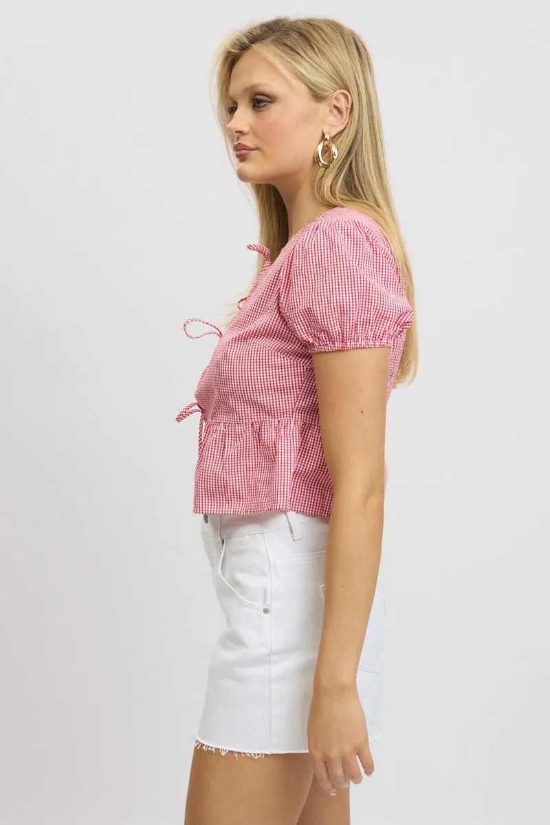 Red Check Tie Front Top Puff Sleeve sold by Ally Fashion product image thumbnail 4