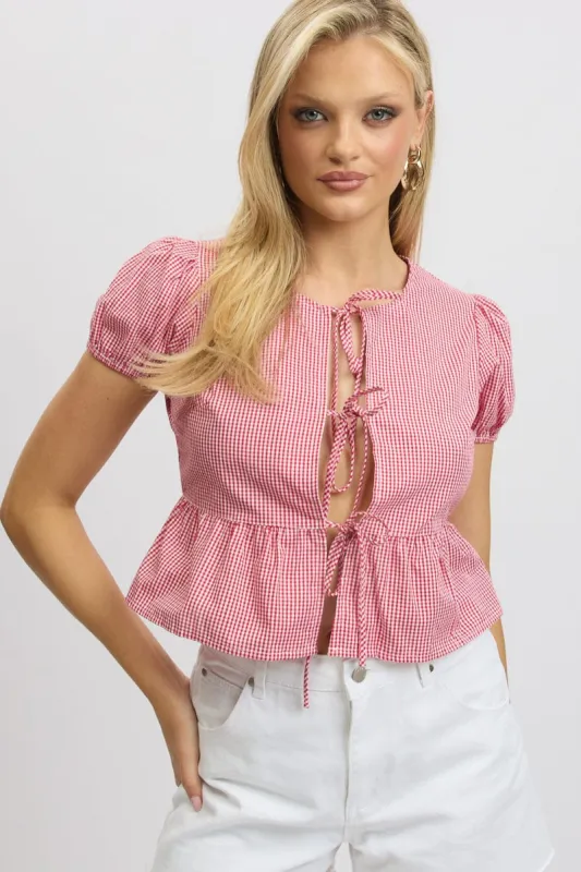Red Check Tie Front Top Puff Sleeve sold by Ally Fashion