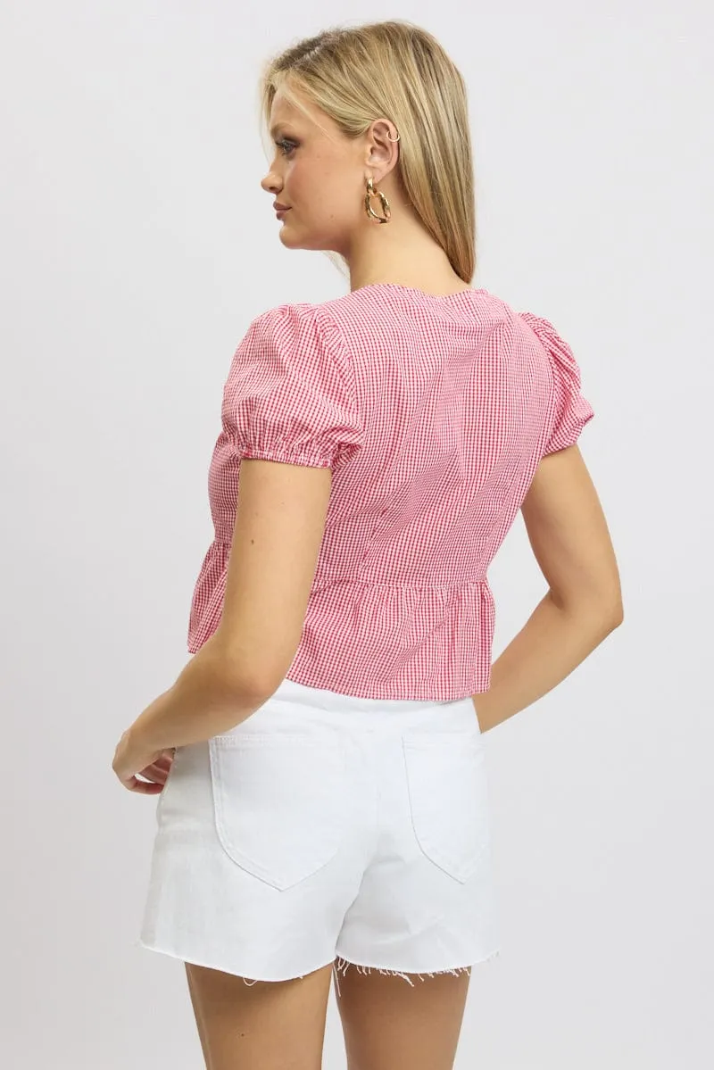 Red Check Tie Front Top Puff Sleeve sold by Ally Fashion product image thumbnail 5