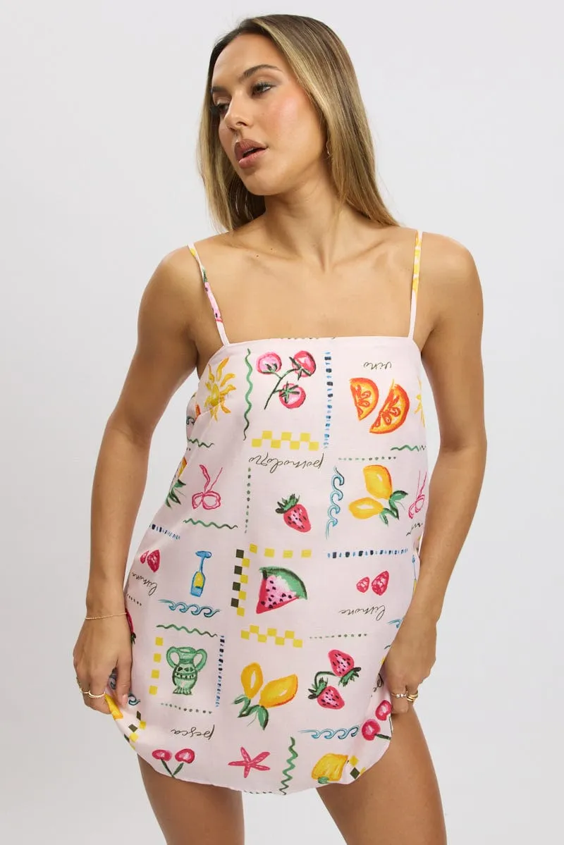 Pink Abstract Mini Dress Strappy Square Neck sold by Ally Fashion