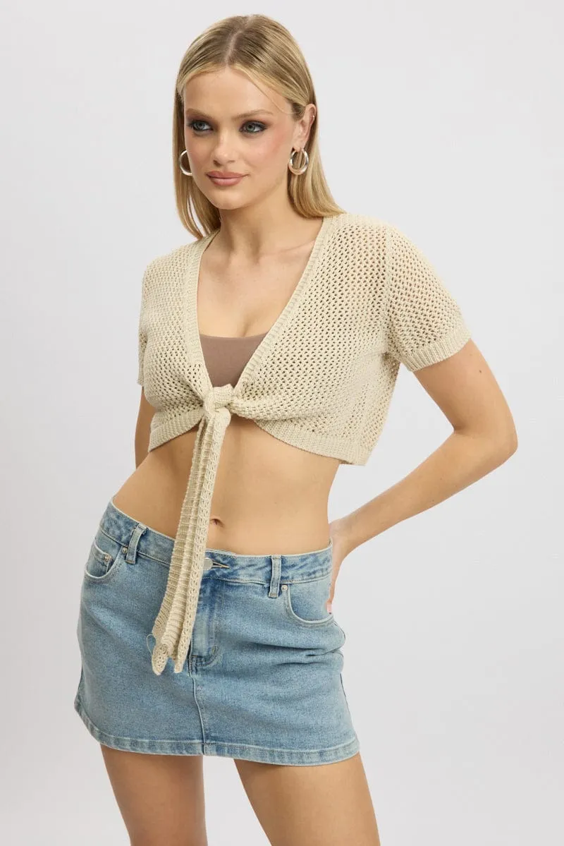 Beige Crochet Knit Cardigan Tie Up sold by Ally Fashion product image thumbnail 3