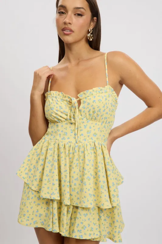 Yellow Ditsy Ruffle Playsuit Sleeveless Frilled sold by Ally Fashion