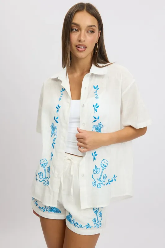 White Embroidery Shirt Short Sleeve Linen Blend sold by Ally Fashion