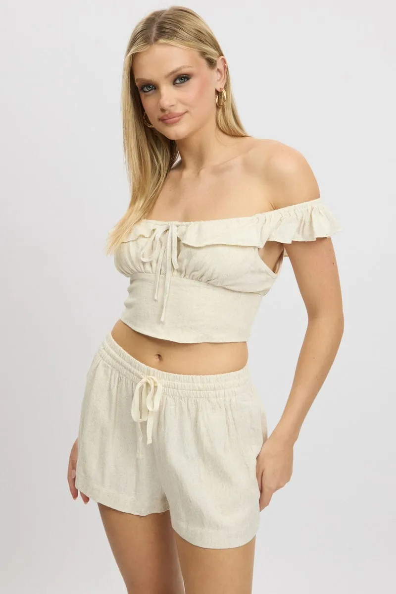 Beige Crop Top Ruffle Off Shoulder Linen Blend sold by Ally Fashion product image thumbnail 3