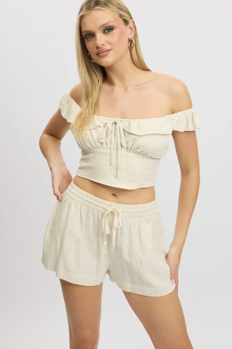 Beige Crop Top Ruffle Off Shoulder Linen Blend sold by Ally Fashion