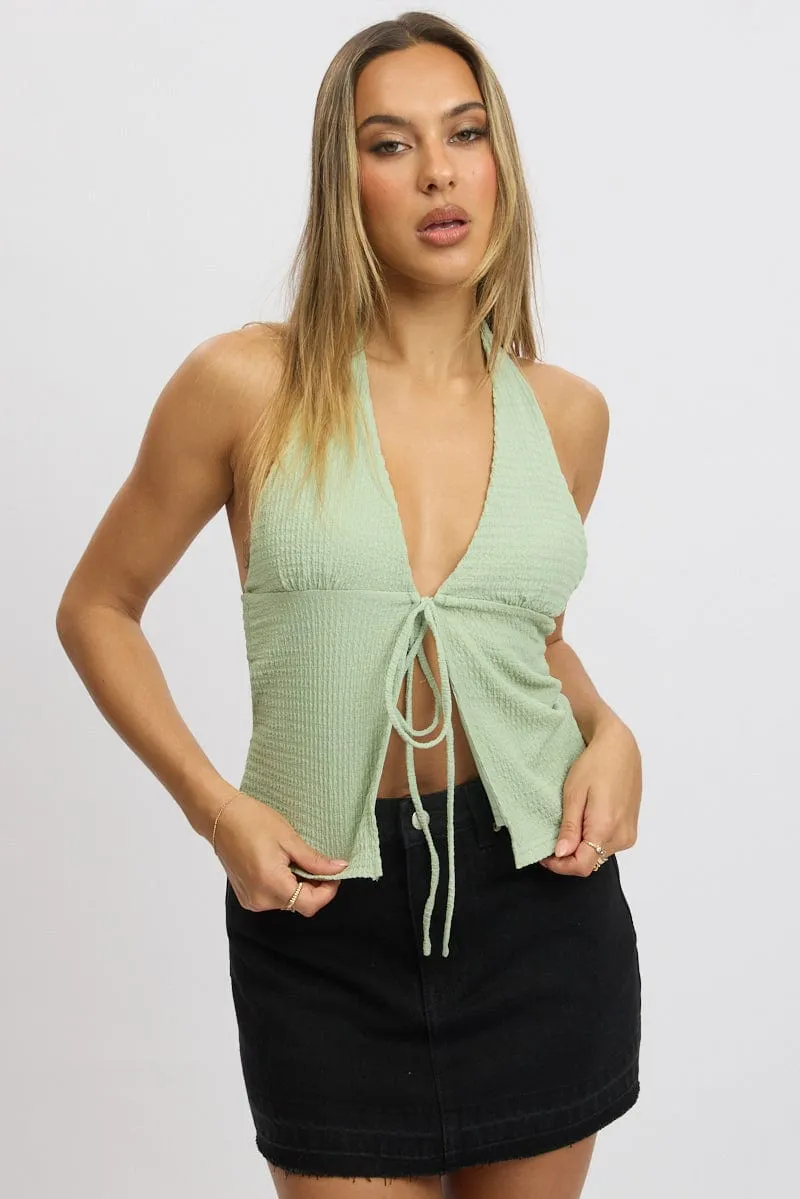 Green Textured Top Halter Neck Tie Up Front sold by Ally Fashion