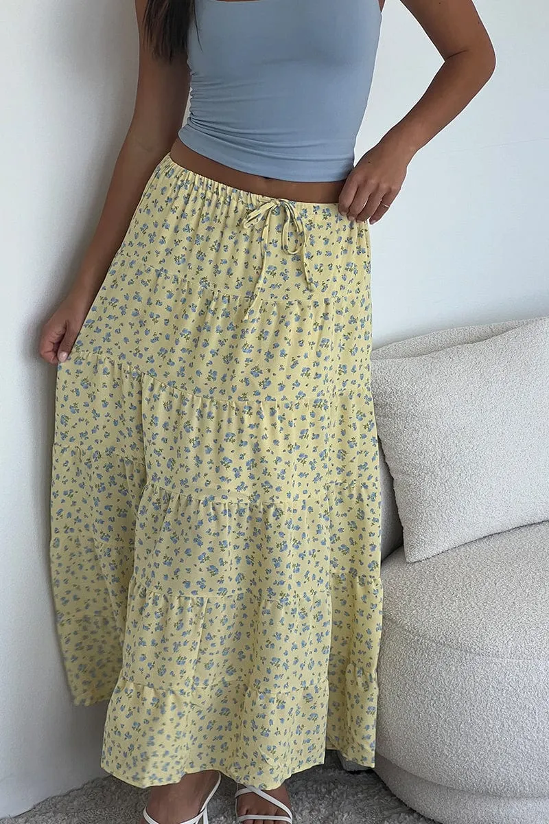 Yellow Ditsy Maxi Skirt Tiered High Rise sold by Ally Fashion