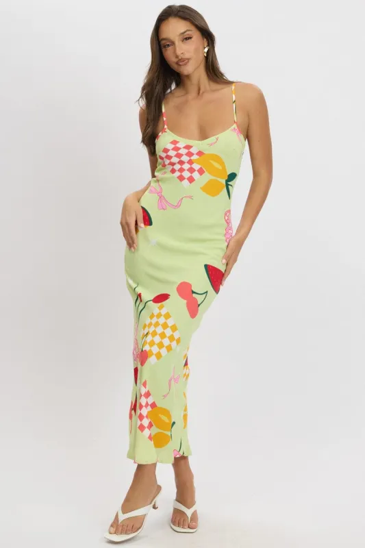 Green Abstract Maxi Dress Bias Cut sold by Ally Fashion