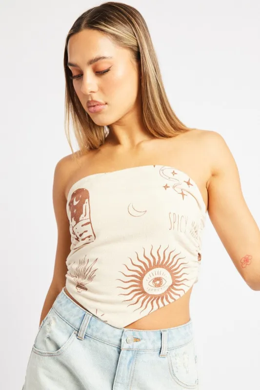 Beige Abstract Scarf Top Boob Tube Shirred Back sold by Ally Fashion