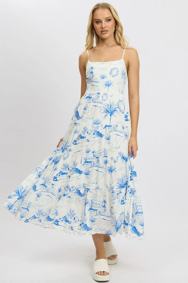 Blue Abstract Maxi Dress Tiered Strappy sold by Ally Fashion