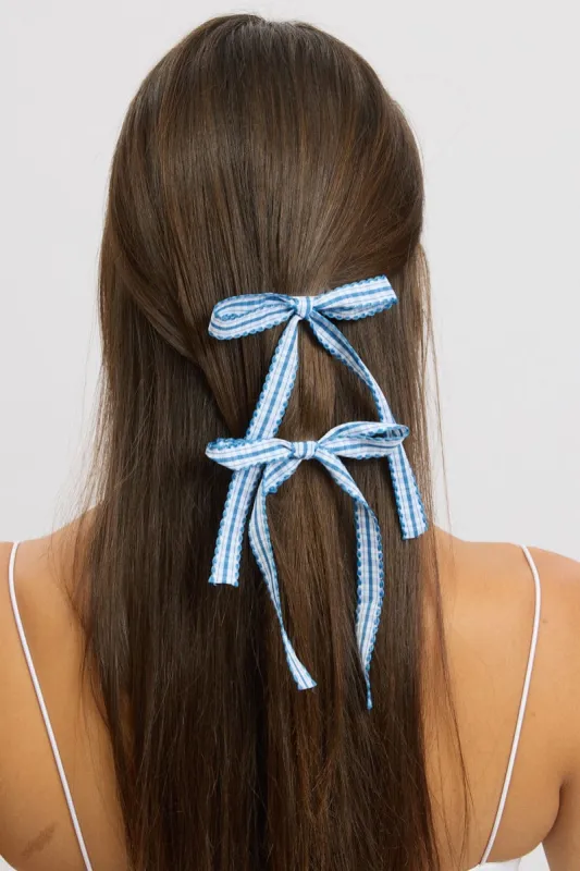 Blue 2 Pack Gingham Ribbon Hair Clips sold by Ally Fashion