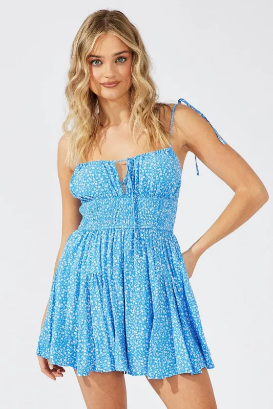 Blue Floral Fit And Flare Playsuit Gathered Bust Sleeveless sold by Ally Fashion