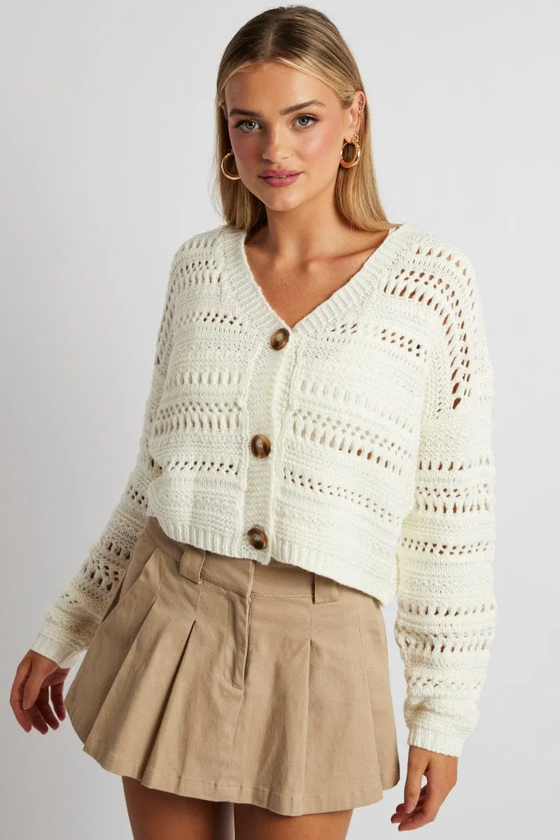 White Crochet Cardigan Long Sleeve V Neck sold by Ally Fashion product image thumbnail 3