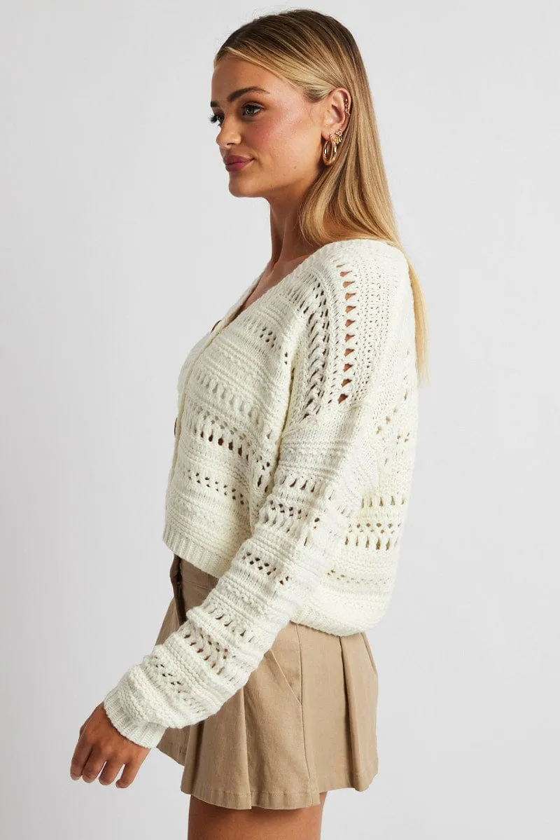 White Crochet Cardigan Long Sleeve V Neck sold by Ally Fashion product image thumbnail 4