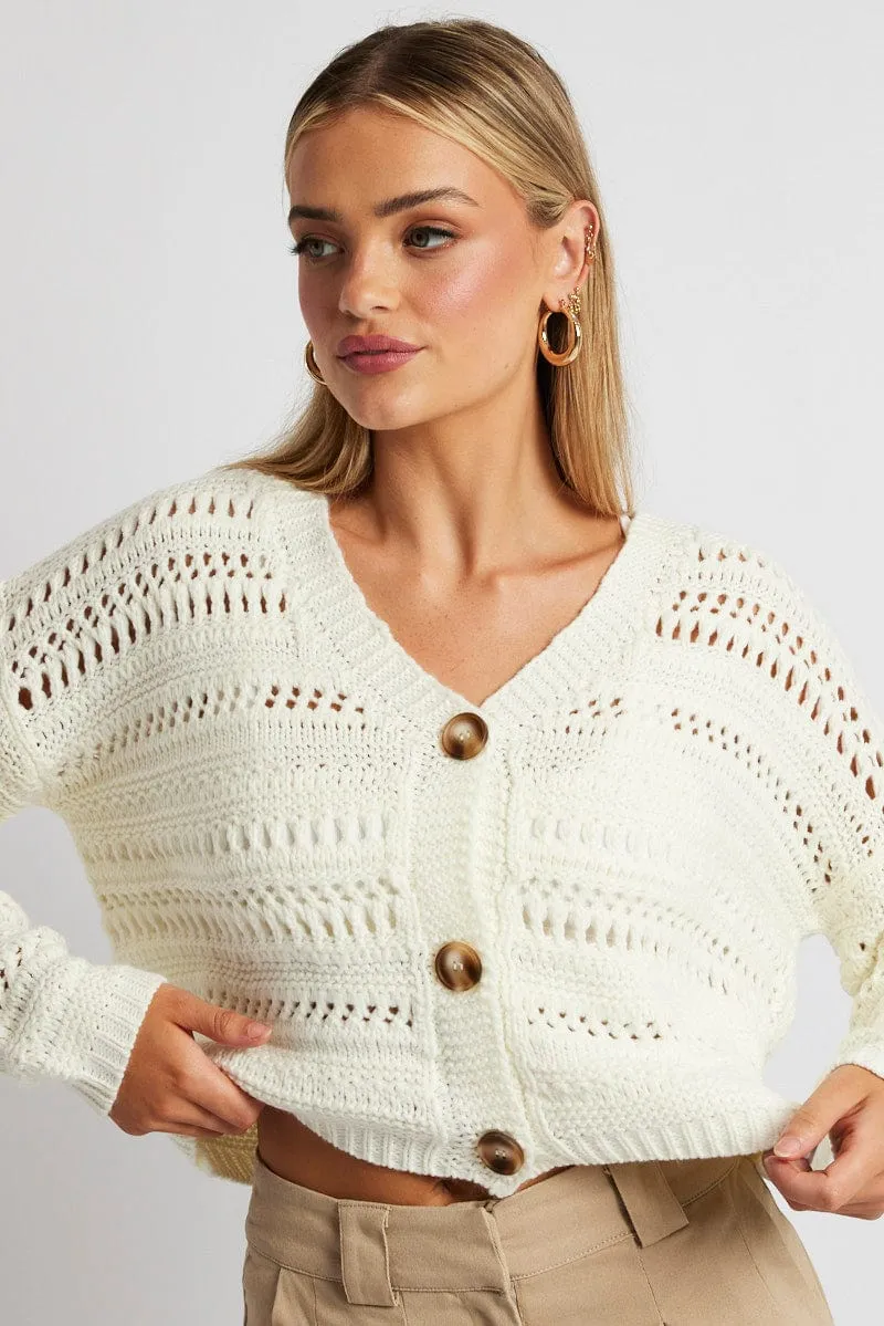 White Crochet Cardigan Long Sleeve V Neck sold by Ally Fashion