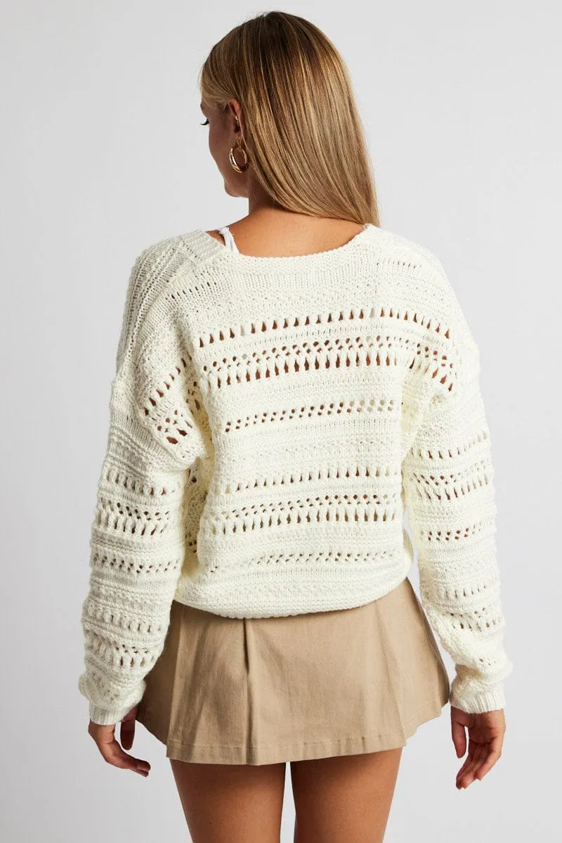 White Crochet Cardigan Long Sleeve V Neck sold by Ally Fashion product image thumbnail 5