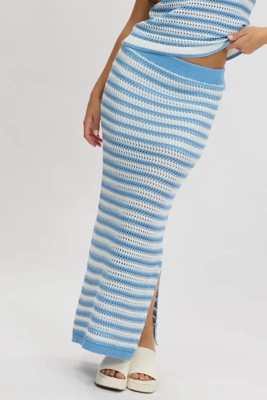 Blue Stripe Crochet Knit Skirt Elastic Waist Midi Lined sold by Ally Fashion