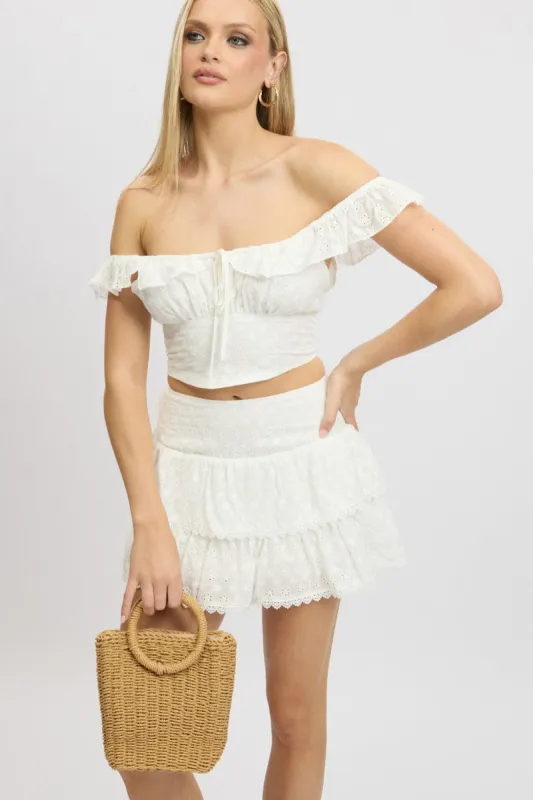 White Mini Skirt High Rise Shirred Waist Broidery Eyelet sold by Ally Fashion