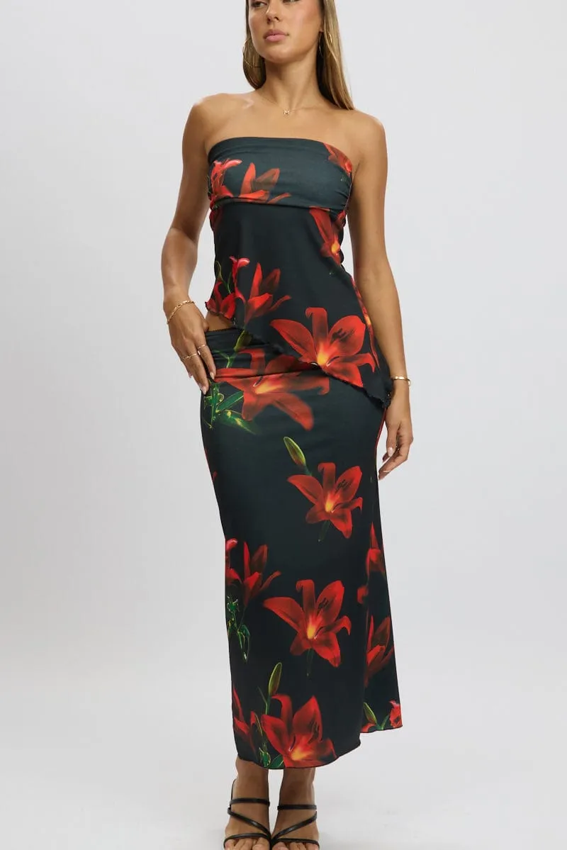 Black Floral Mesh Skirt Elasticated Picot Trim Midaxi sold by Ally Fashion