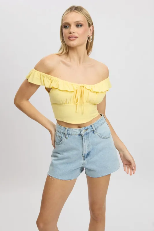 Yellow Crop Top Ruffle Off Shoulder Linen Blend sold by Ally Fashion