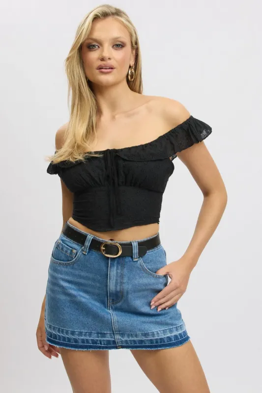 Black Crop Top Ruffle Off Shoulder Linen Blend sold by Ally Fashion
