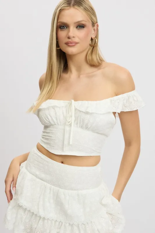 White Crop Top Ruffle Off Shoulder Linen Blend sold by Ally Fashion