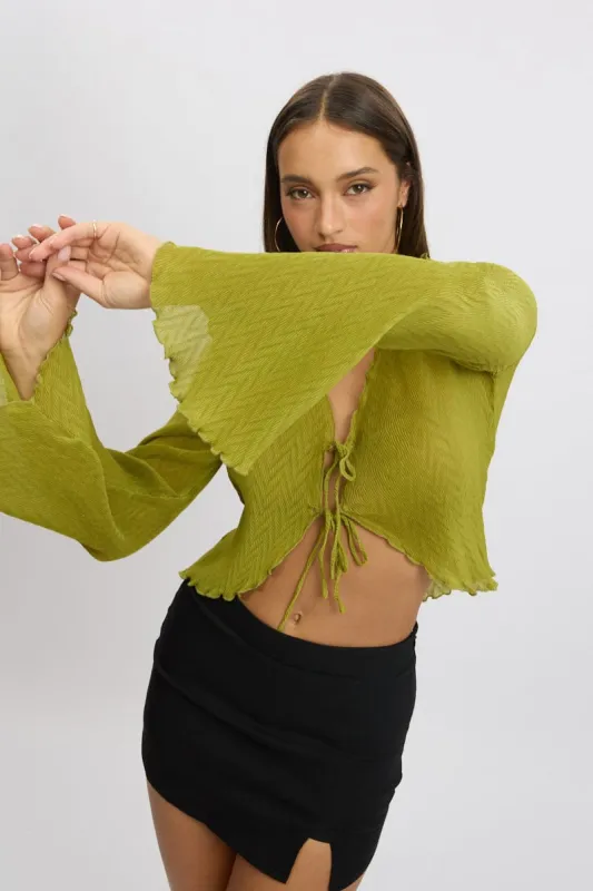 Green Tie Up Front Top Long Sleeve Textured sold by Ally Fashion