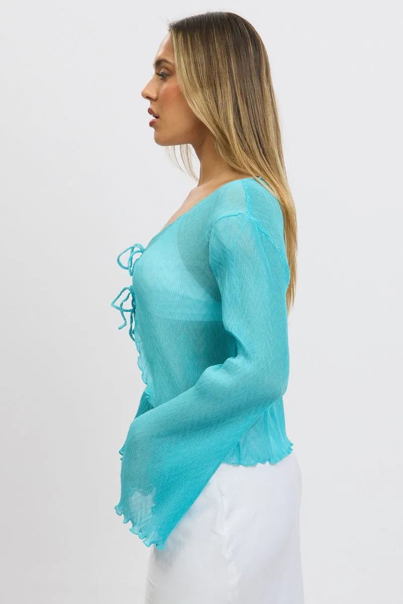 Blue Tie Up Front Top Long Sleeve Textured sold by Ally Fashion product image thumbnail 4