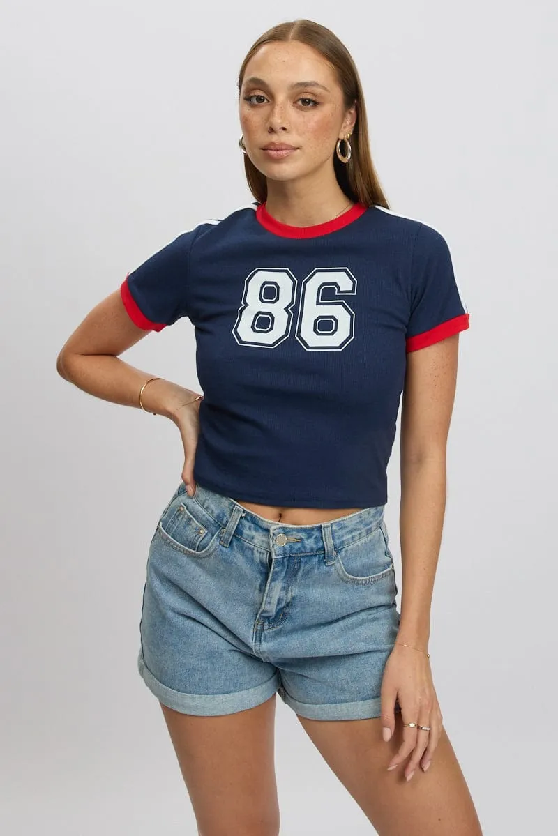 Blue Graphic Tee Short Sleeve Contrast Binding sold by Ally Fashion product image thumbnail 3