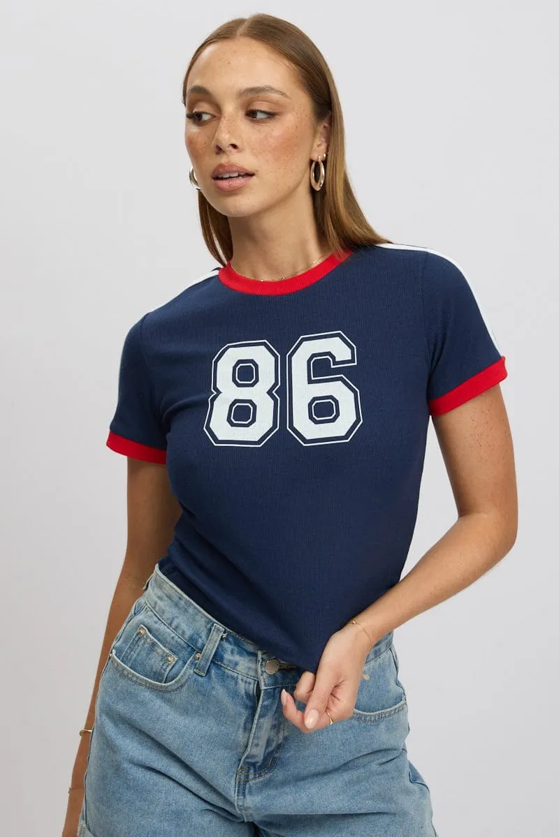 Blue Graphic Tee Short Sleeve Contrast Binding sold by Ally Fashion