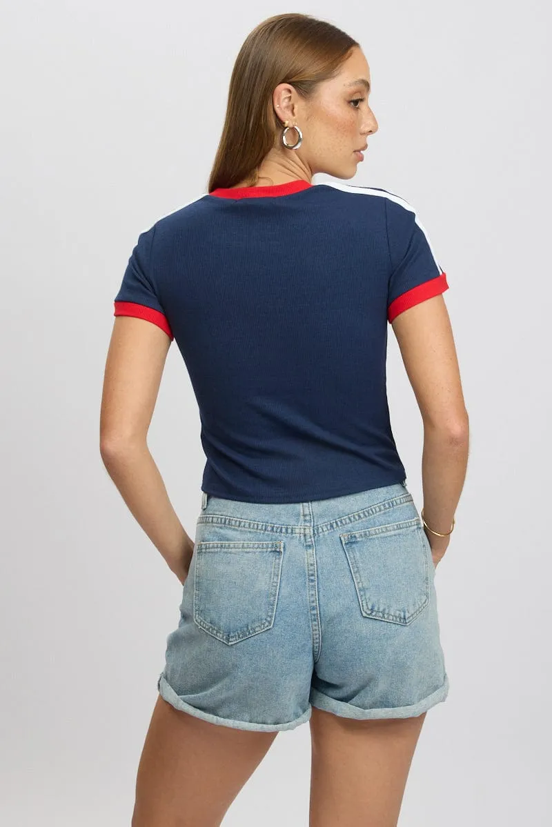 Blue Graphic Tee Short Sleeve Contrast Binding sold by Ally Fashion product image thumbnail 5