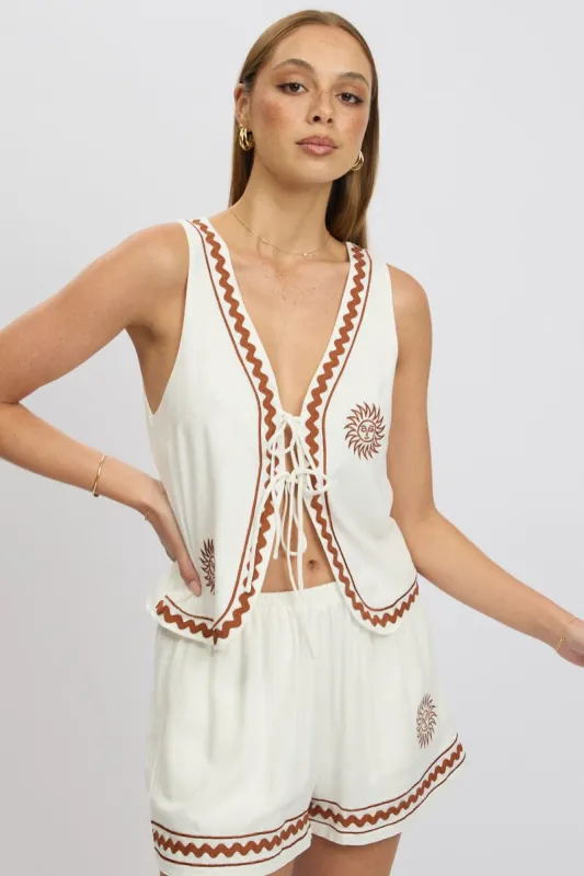 White Linen Vest Sleeveless Embo sold by Ally Fashion
