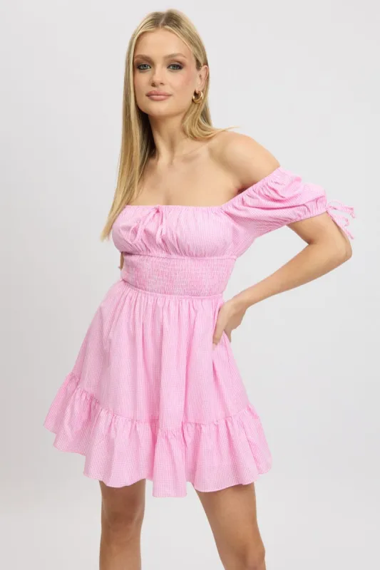 Pink Check Fit And Flare Dress Puff Sleeve Mini sold by Ally Fashion