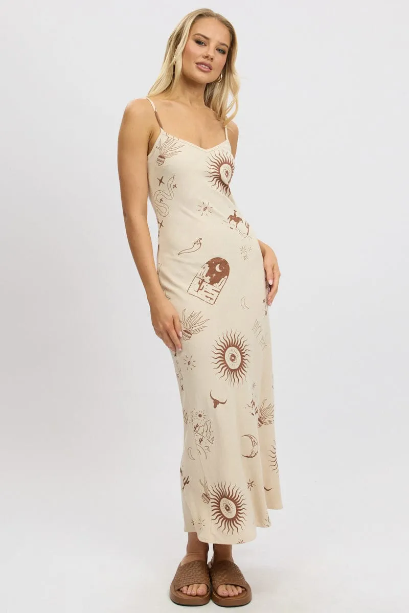 Beige Abstract Maxi Dress Bias Cut sold by Ally Fashion