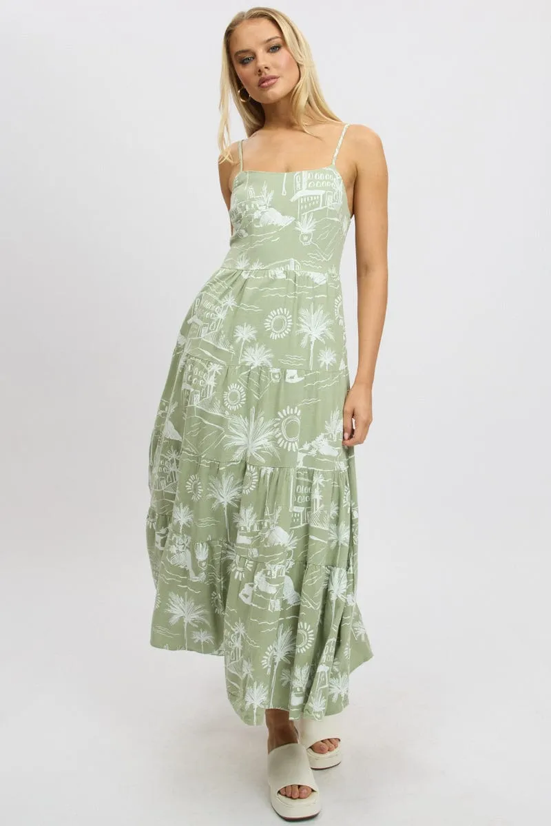 Green Abstract Maxi Dress Tiered Strappy sold by Ally Fashion