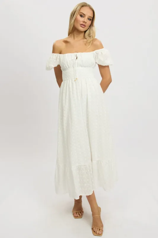 White Maxi Dress Puff Sleeve Eyelet Fabric sold by Ally Fashion