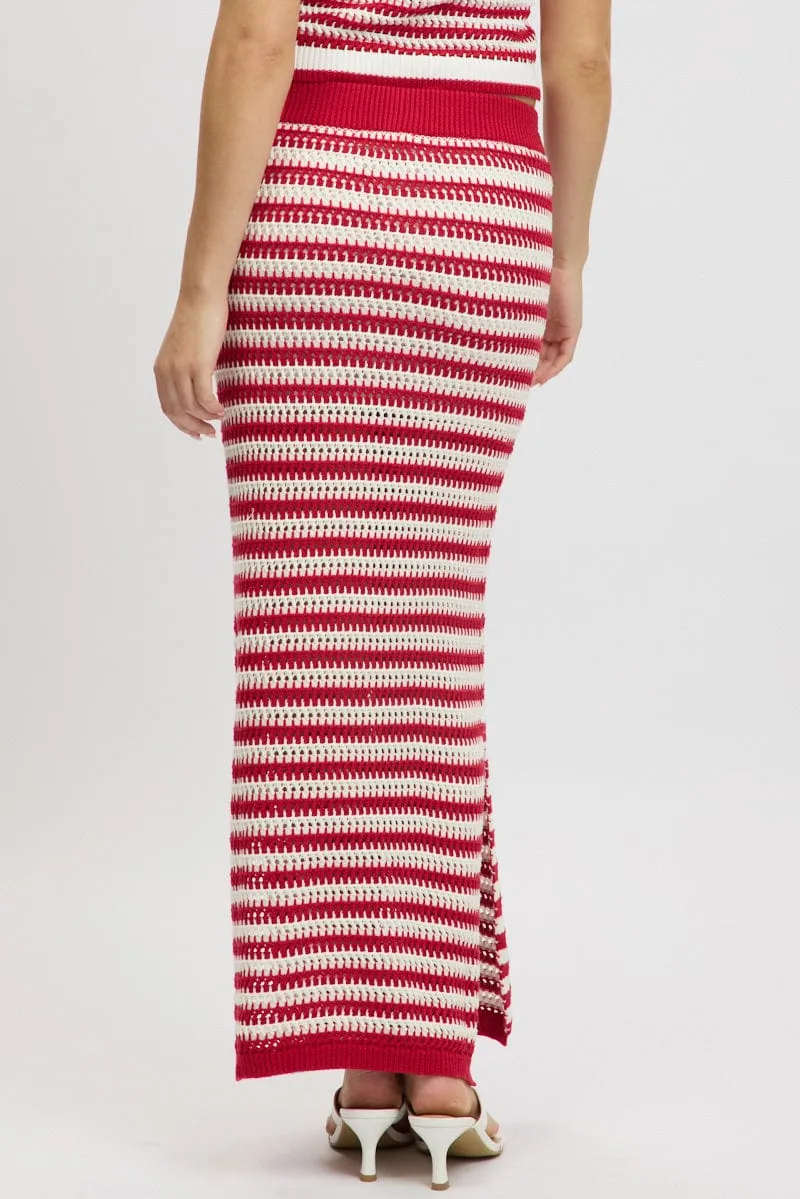 Red Stripe Crochet Knit Skirt Elastic Waist Midi Lined sold by Ally Fashion product image thumbnail 5