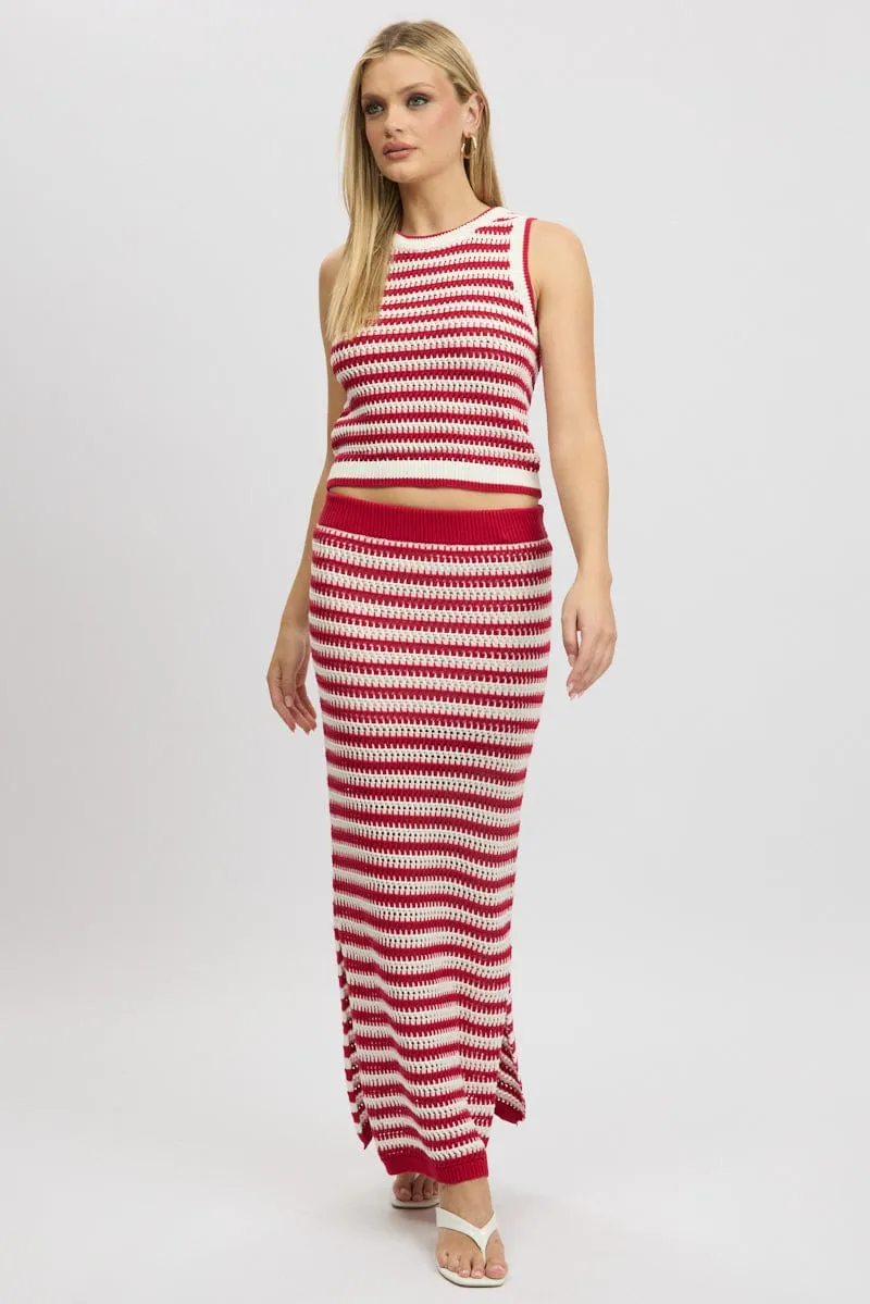 Red Stripe Crochet Knit Skirt Elastic Waist Midi Lined sold by Ally Fashion product image thumbnail 3