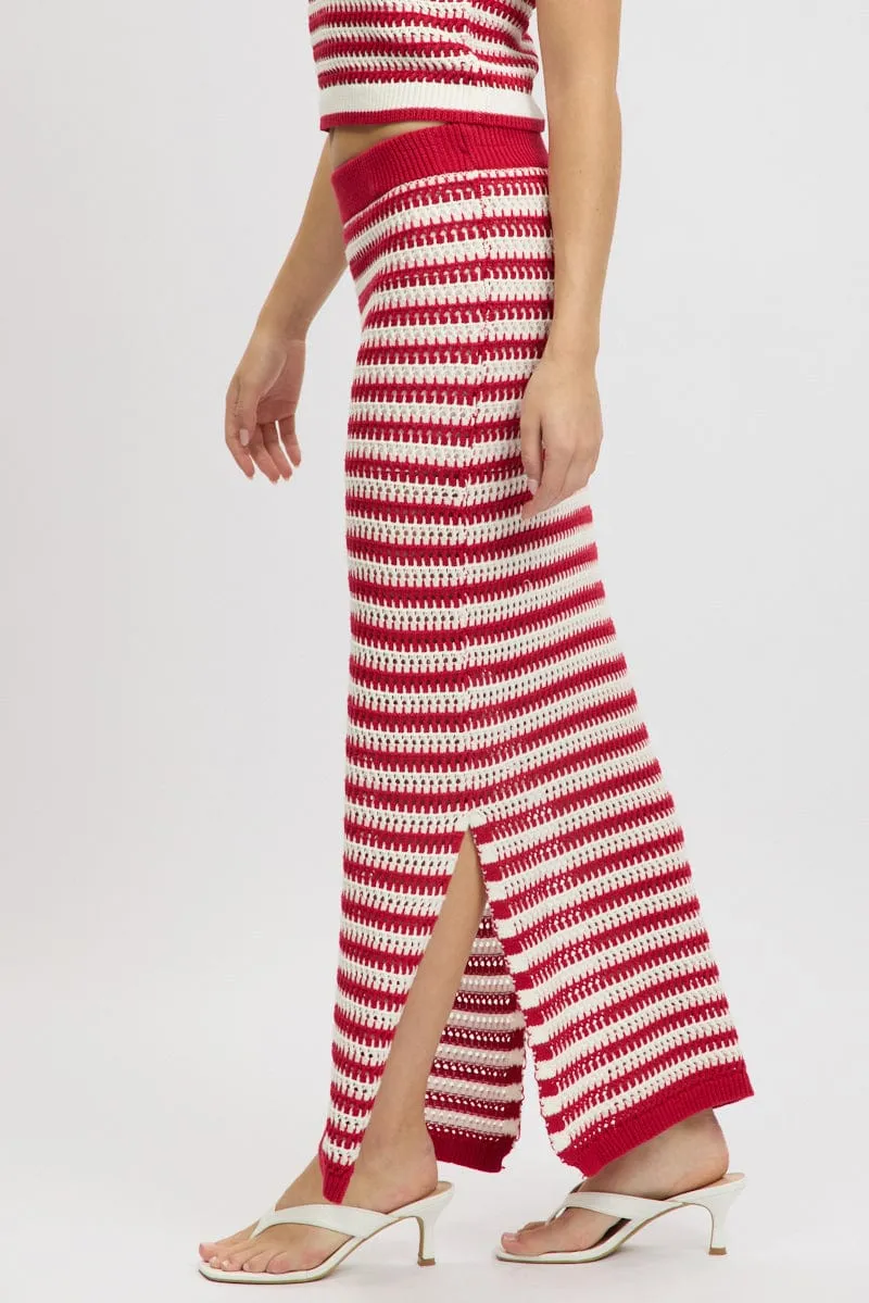 Red Stripe Crochet Knit Skirt Elastic Waist Midi Lined sold by Ally Fashion product image thumbnail 4