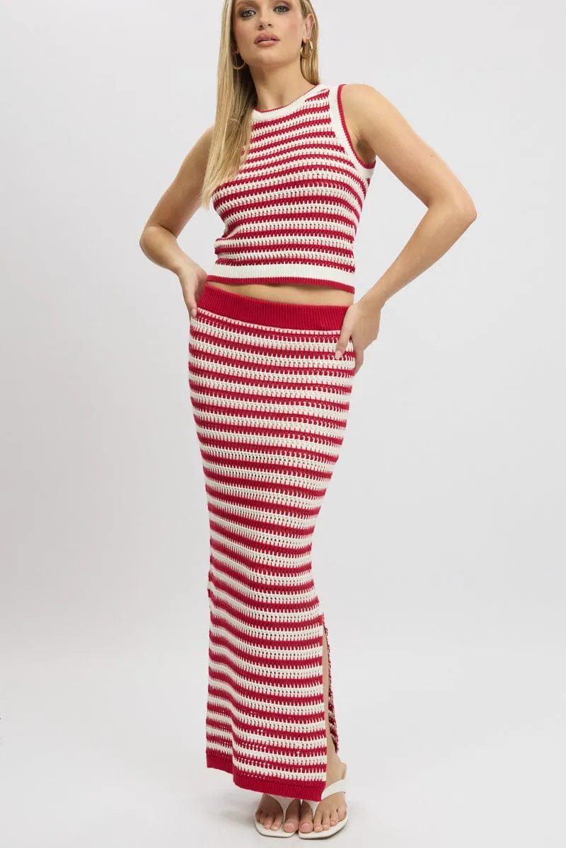 Red Stripe Crochet Knit Skirt Elastic Waist Midi Lined sold by Ally Fashion