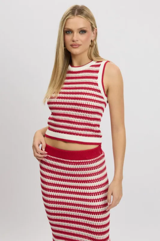 Red Stripe Crochet Knit Vest Sleeveless sold by Ally Fashion