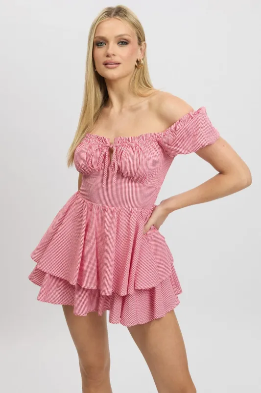 Red Check Ruffle Playsuit Short Sleeve sold by Ally Fashion