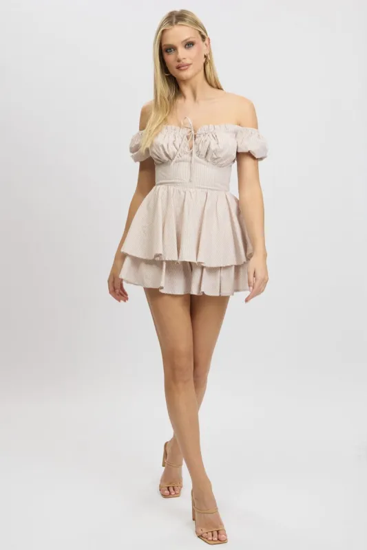 Beige Check Ruffle Playsuit Short Sleeve sold by Ally Fashion