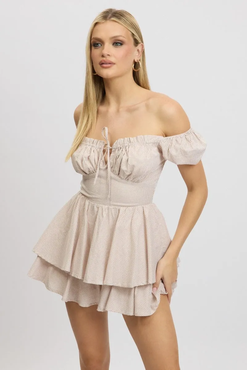 Beige Check Ruffle Playsuit Short Sleeve sold by Ally Fashion product image thumbnail 2