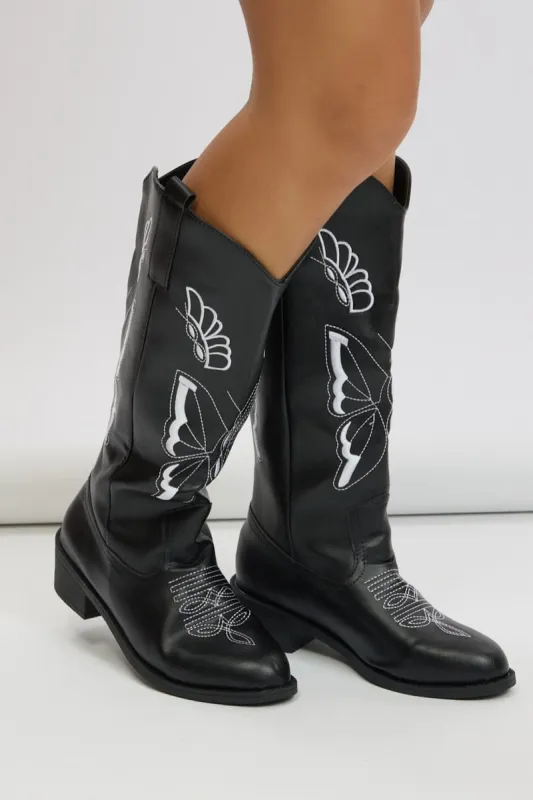 Black Butterfly Embroidered Western Cowboy Boots sold by Ally Fashion