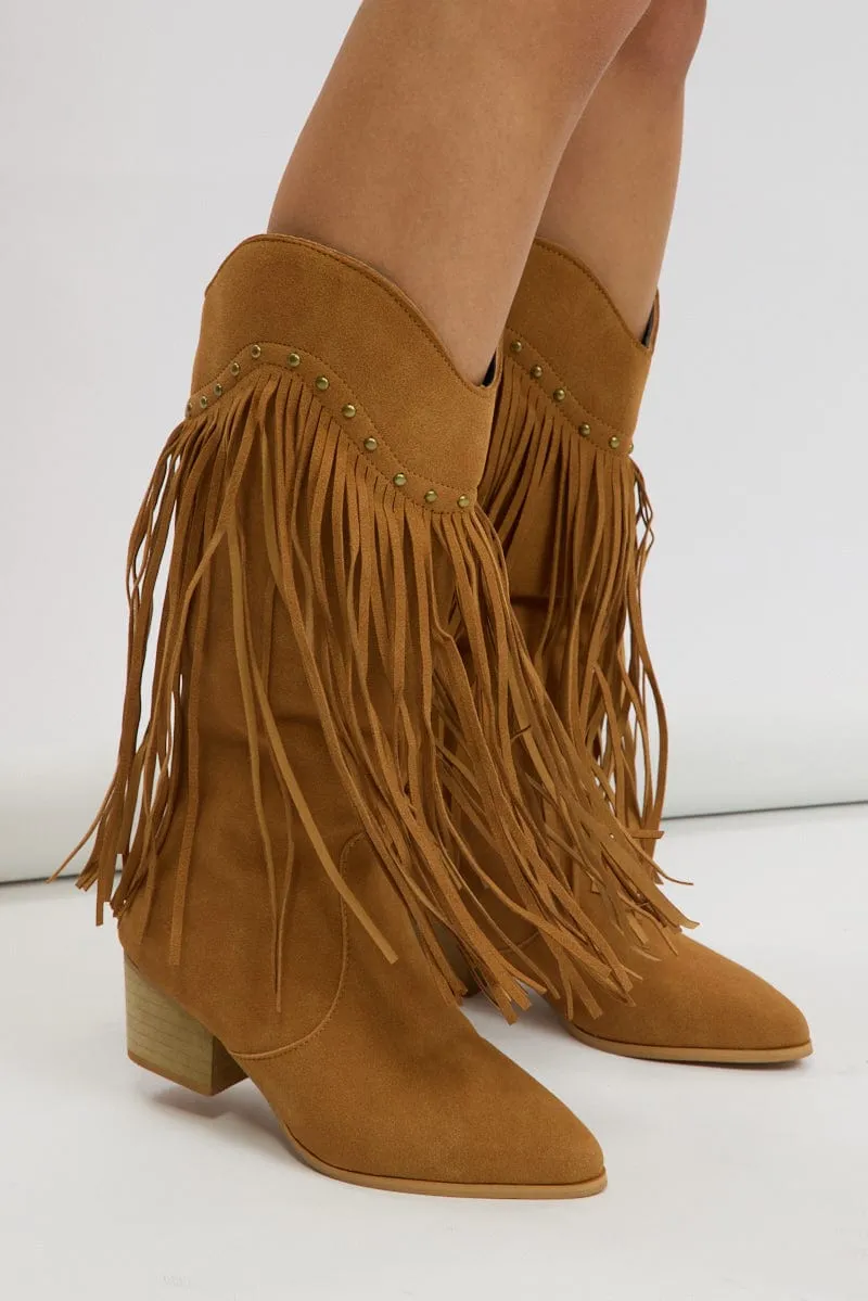 Beige Tassel Cowboy Boots sold by Ally Fashion